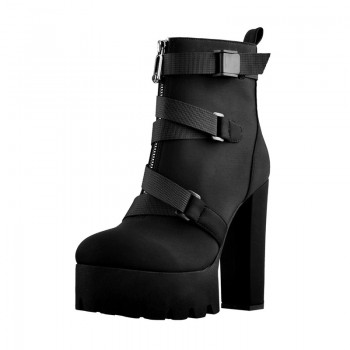 Platform Round Toe Zipper Strap 13cm Chunky Thick Heels Lycra Ankle Boots 